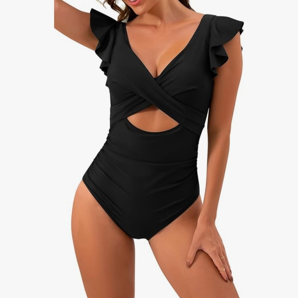 Elegant Black Ruffle Swimsuit Size Large